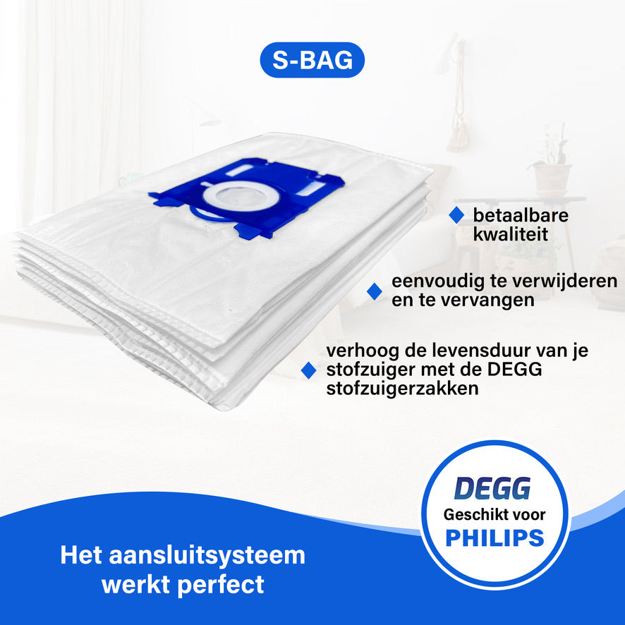 DEGG® - S-BAG Stofzuigerzakken - Geschikt voor Philips S-BAG - Top Kwaliteit - Compatibel met Philips FC8021, AEG GR201S en Electrolux E200S - 6 STUK(S)