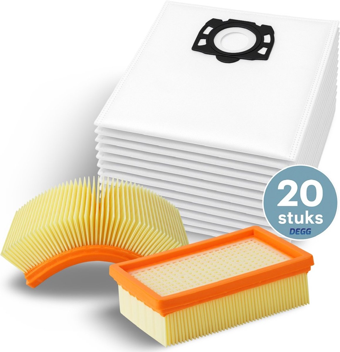 DEGG 20 Stofzuigerzakken + 2 Vlakfilters voor Kärcher WD4, WD5, WD6, MV4, MV5 & MV6