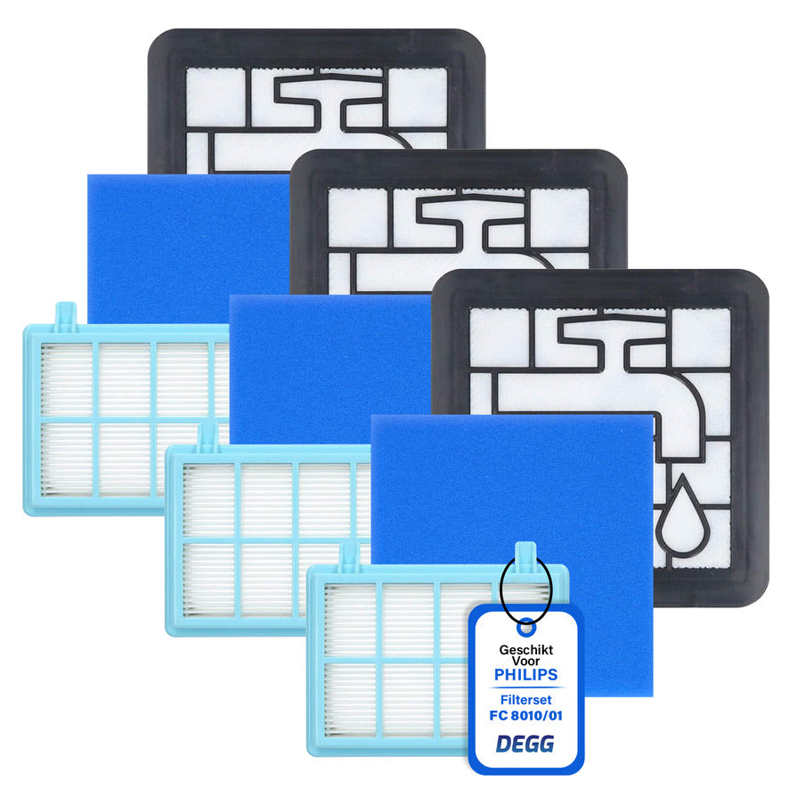 DEGG® Filterset - Geschikt voor Philips PowerPro Compact - Vervangt Stofzuigerfilter FC9331/09 FC9332/09 - Vervangt FC8010 - Motorfilter & uitblaasfilter - VOORDEELVERPAKKING - 3 SETS