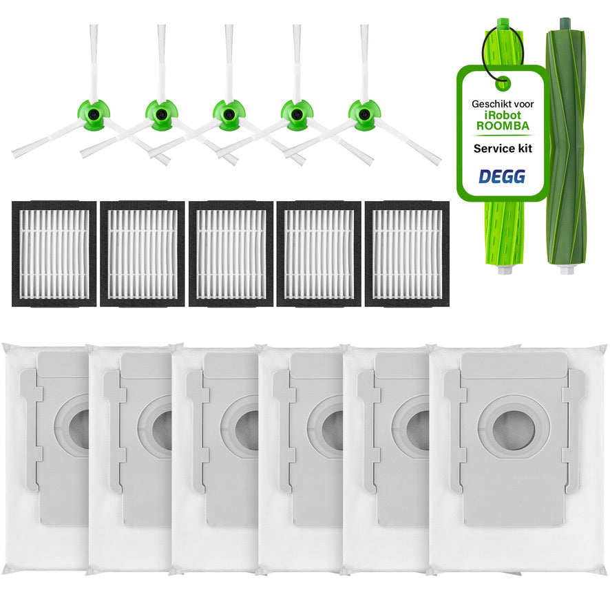 DEGG® - Onderhoudspakket XXL - Geschikt voor iRobot Roomba - 6x Stofzuigerzakken - 5x Hepa filter - 5x Zijborstel - 2x Roller - Geschikt voor iRobot Roomba Onderdelen - i7 i7+ i3 i3+ i4 i4+ i5 i5+ i6 i6+ i8 i8+ E5 E6 E7