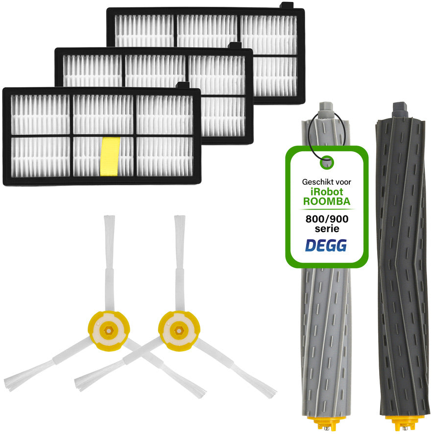 DEGG® - Vervangingsset Geschikt voor iRobot Roomba 800/900 serie - Geschikt voor iRobot Roomba Onderdelen - 2x Roller, 3x Heap-Filter, 2x Zijborstel - JAARPAKKET