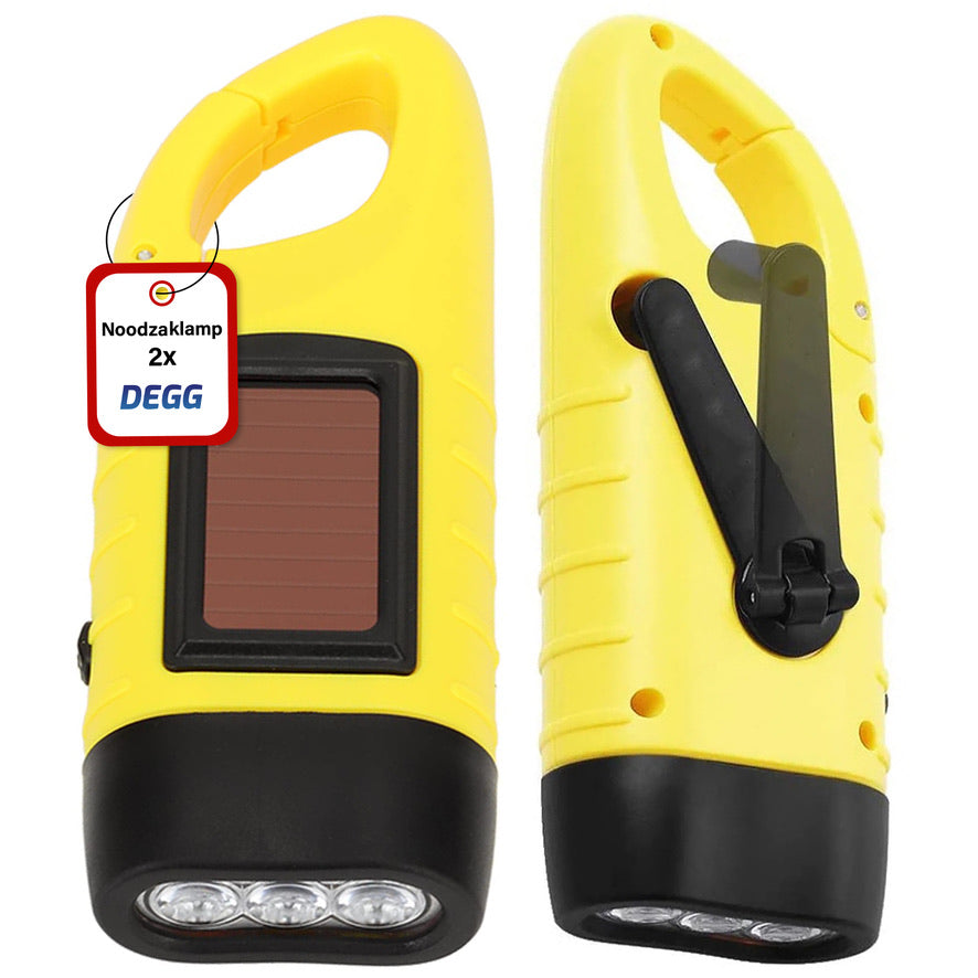 DEGG - 2x Noodzaklamp Solar en Opwindbaar - Zaklamp Zonne energie - Zaklantaarn - Knijpkat - Noodzaklamp - Noodsituatie - Geel - 2 STUK(S)