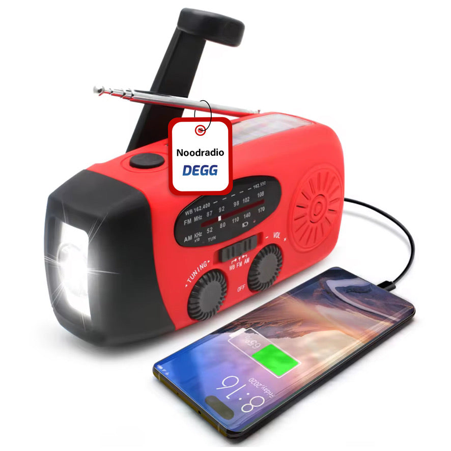 DEGG - Noodradio Solar Opwindbaar - radio op batterijen (accu) - Radio opwindbaar - Zonne energie - Survival radio - Noodsituatie