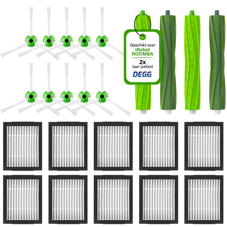 DEGG® - Onderhoudsset XL - Geschikt voor iRobot Roomba - i7 i7+ i1 i1+ i3 i3+ i4 i4+ i5 i5+ i6 i6+ i8 i8+ e5 e6 e7 - Geschikt voor iRobot Roomba Onderdelen - 4x Roller, 10x Hepa filter, 10x Spinner (zijborstel) - DUBBEL JAARPAKKET