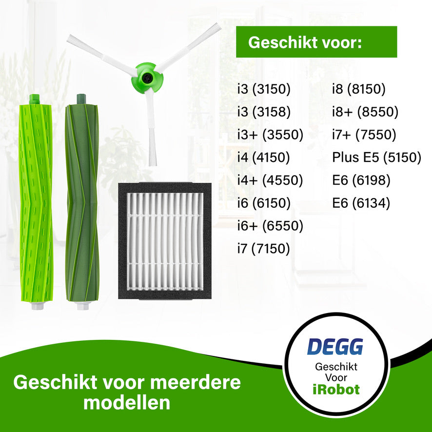 DEGG® - Vervangingsset Geschikt voor iRobot Roomba - i7 i7+ i1 i1+ i3 i3+ i4 i4+ i5 i5+ i6 i6+ i8 i8+ e5 e6 e7 - Geschikt voor iRobot Roomba Onderdelen - 2x Roller, 5x Hepa-filter en 5x Zijborstel - JAARPAKKET