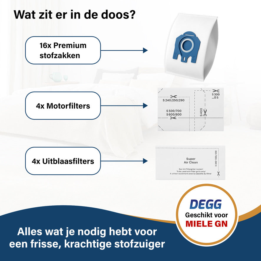 DEGG® - Stofzuigerzakken Geschikt voor MIELE GN - 16 Zakken + 8 Filter (motor & uitblaas) - Geschikt voor MIELE Complete C3, C2, Classic C1, S8, S5, S2 - XXL-PACK