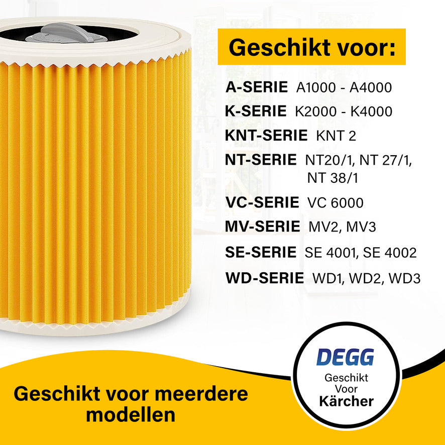 DEGG® - 3 Patroon filters geschikt voor Kärcher WD3 WD2 WD1 en A series - Patroonfilter - geschikt voor Kärcher accessoires - inclusief 3 sluitschroeven - voor mensen met allergie voor fijnstof / geuren