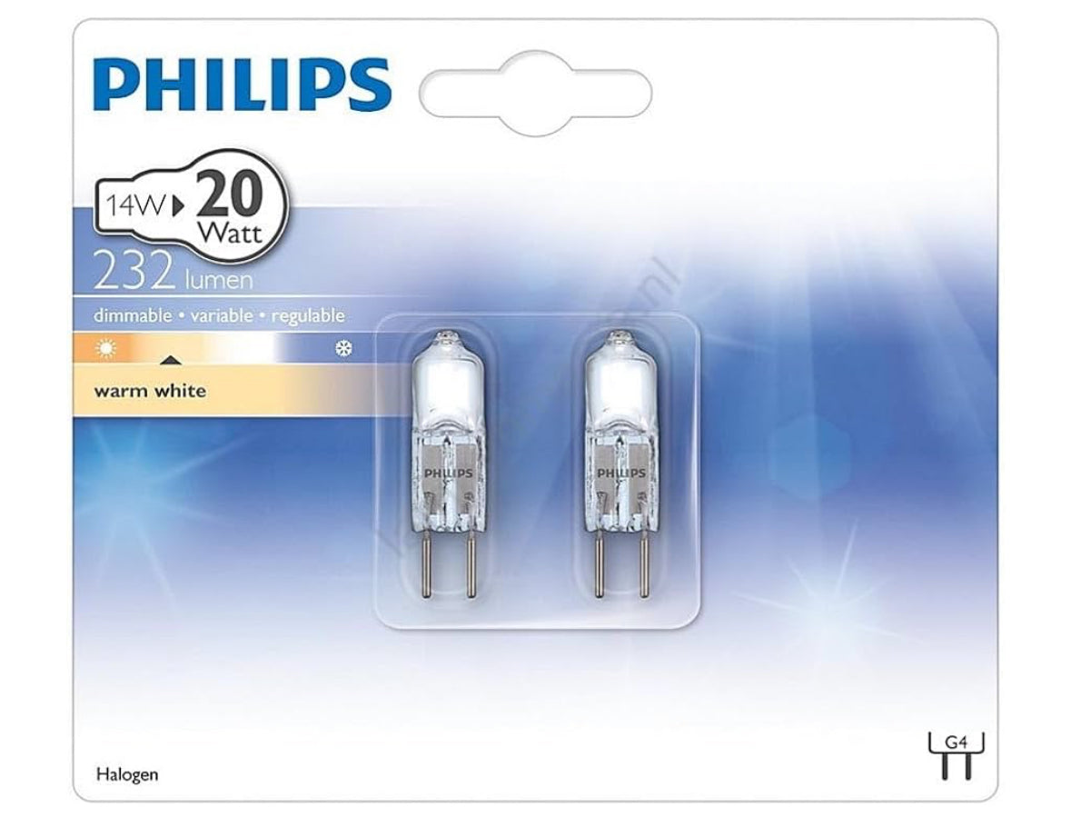 Philips Halogeenlamp G4 12V 14.3W (vervangt 20W) – Warm Wit 2700K – Capsule Insteeklamp – 2 stuks – Originele Philips Kwaliteit