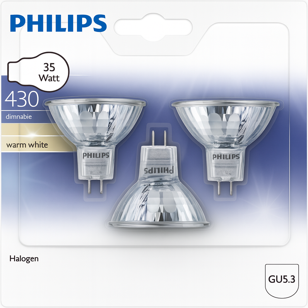 Philips Halogeen Spotjes 35W 12V GU5.3 – Dimbare Reflector Lampen 50mm – Set van 3 – Warm & Direct Licht – OP=OP