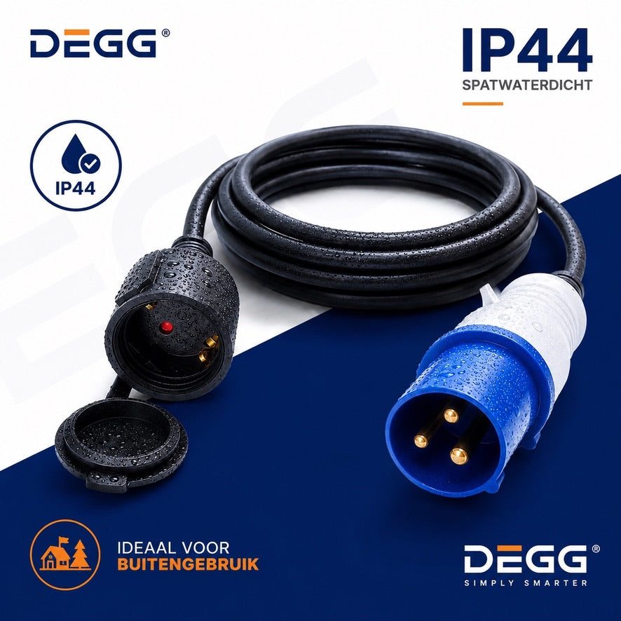 DEGG® Campingstekker 1,5 Meter – CEE naar Schuko Adapter 230V 16A IP44 – Verloopsnoer voor Caravan, Camper, Camping, Jachthaven & Buitengebruik