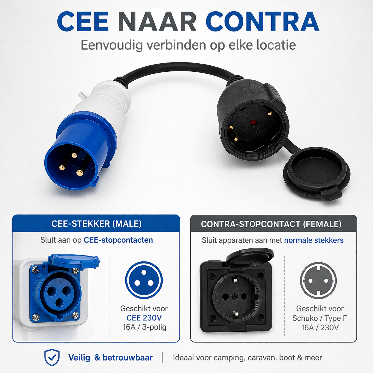DEGG® - Camping Stekker - CEE verloopsnoer - Van Contrastekker (230V) naar CEE stekker (16A) - CEE verloopstekker - CEE 3-polig - Geschikt voor buiten