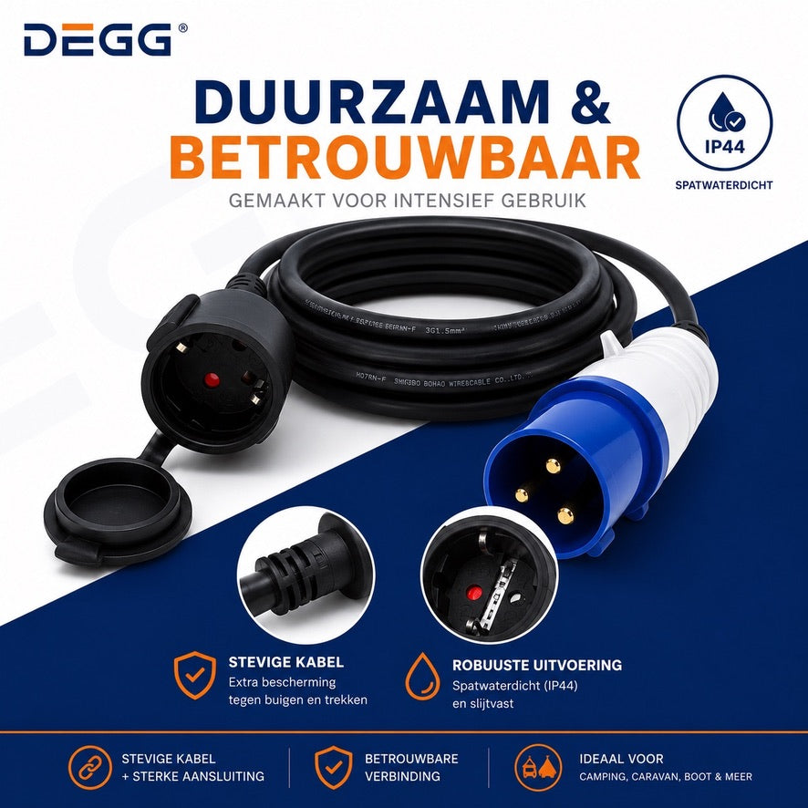 DEGG® Campingstekker 1,5 Meter – CEE naar Schuko Adapter 230V 16A IP44 – Verloopsnoer voor Caravan, Camper, Camping, Jachthaven & Buitengebruik
