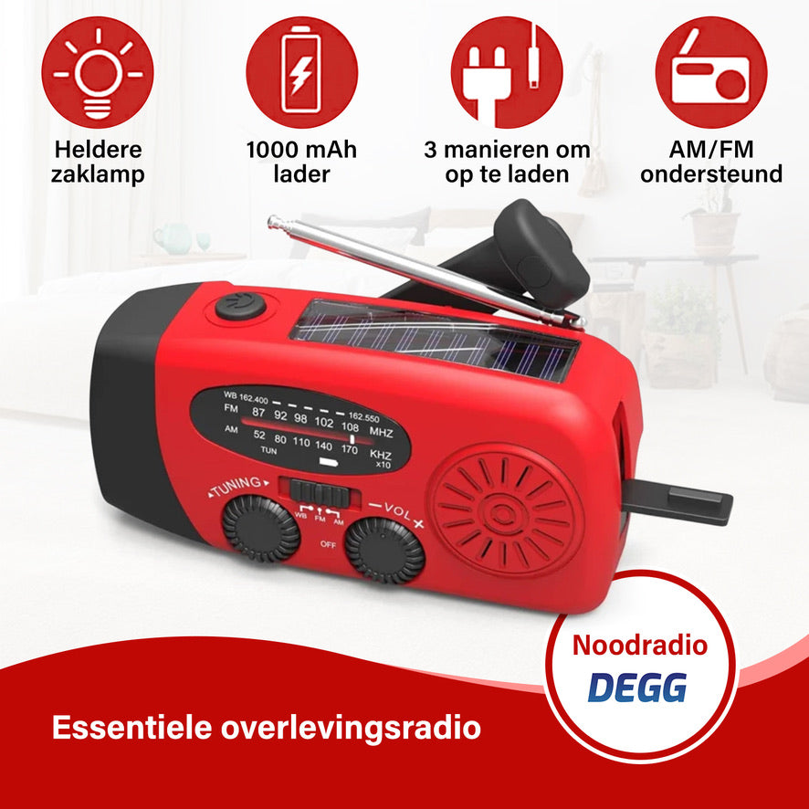 DEGG® Noodpakket Stroomuitval – Opwindbare Noodradio met Powerbank + 2x Opwindbare LED Zaklamp – Dynamo & Solar – Blackout / Prepper / Survival Kit