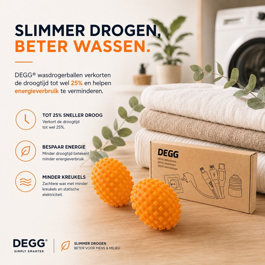 DEGG® Wasdrogerballen voor Droger – 2 Stuks – Herbruikbare Dryer Balls – Tot 25% Sneller Drogen – Minder Kreukels & Statische Elektriciteit