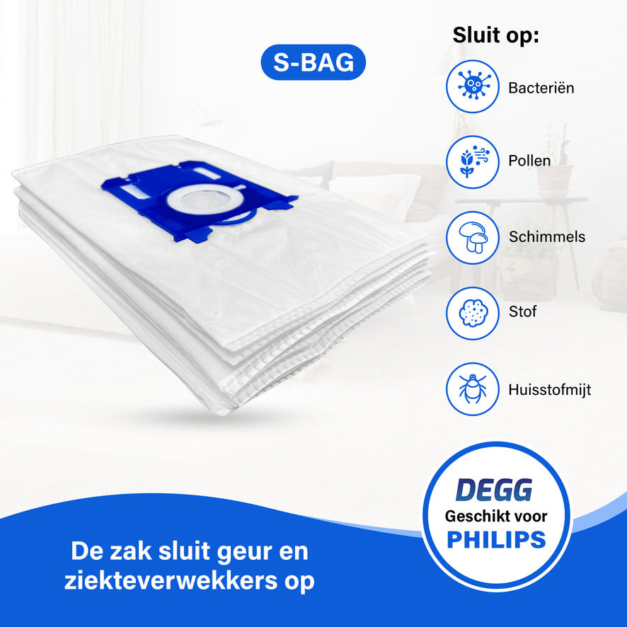 DEGG® - S-BAG Stofzuigerzakken - Geschikt voor Philips S-BAG - Top Kwaliteit - Compatibel met Philips FC8021, AEG GR201S en Electrolux E200S - 6 STUK(S)