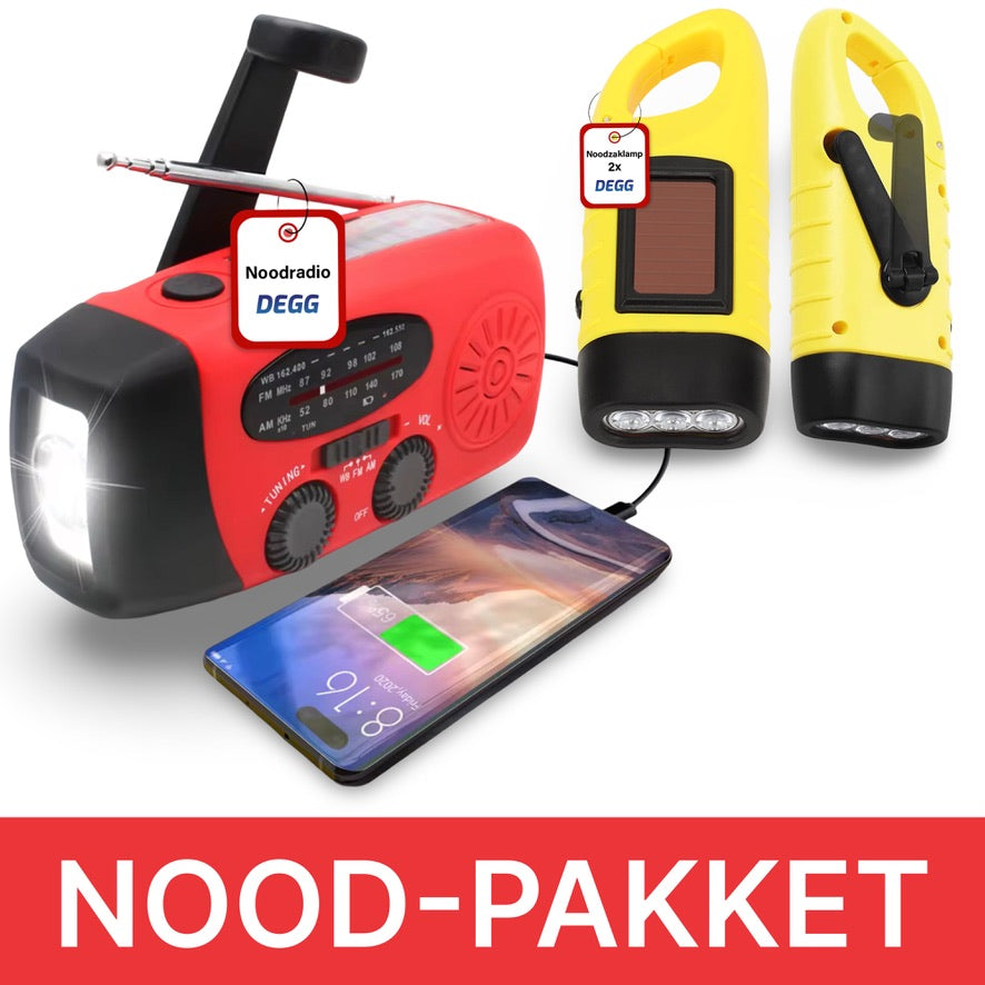 DEGG® Noodpakket Stroomuitval – Opwindbare Noodradio met Powerbank + 2x Opwindbare LED Zaklamp – Dynamo & Solar – Blackout / Prepper / Survival Kit