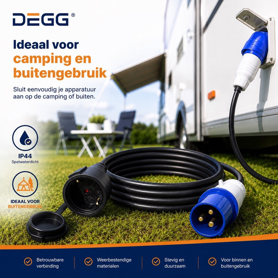 DEGG® Campingstekker 1,5 Meter – CEE naar Schuko Adapter 230V 16A IP44 – Verloopsnoer voor Caravan, Camper, Camping, Jachthaven & Buitengebruik