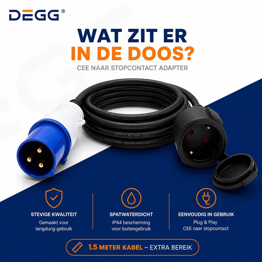 DEGG® Campingstekker 1,5 Meter – CEE naar Schuko Adapter 230V 16A IP44 – Verloopsnoer voor Caravan, Camper, Camping, Jachthaven & Buitengebruik