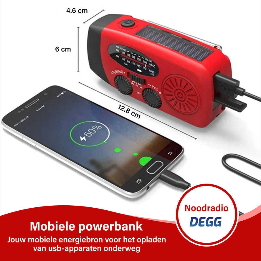 DEGG® Noodpakket Stroomuitval – Opwindbare Noodradio met Powerbank + 2x Opwindbare LED Zaklamp – Dynamo & Solar – Blackout / Prepper / Survival Kit