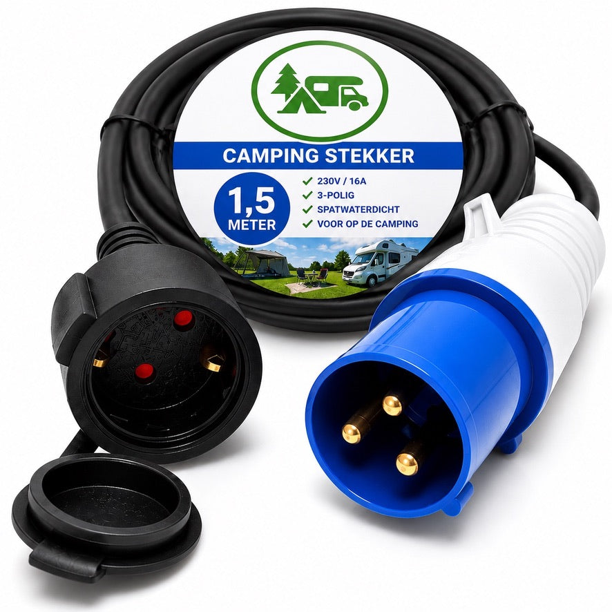DEGG® Campingstekker 1,5 Meter – CEE naar Schuko Adapter 230V 16A IP44 – Verloopsnoer voor Caravan, Camper, Camping, Jachthaven & Buitengebruik