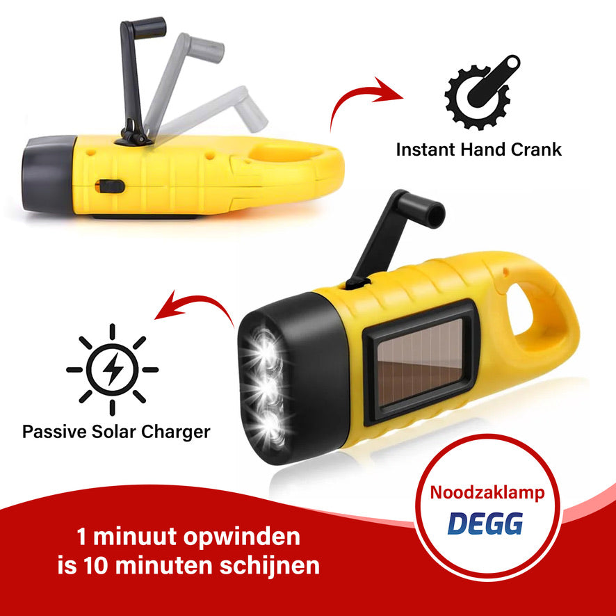 DEGG® Nood Zaklampen Family Pack (4 Stuks) – Opwindbare Dynamo & Solar Zaklamp – Zonder Batterijen – Voor Stroomuitval, Noodsituaties, Camping & Auto